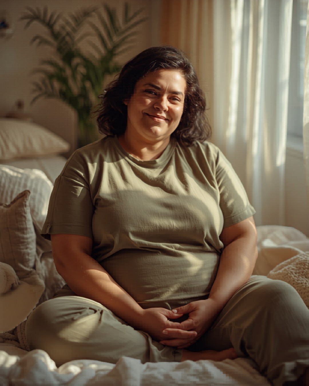 A woman smiling naturally, looking comfortable and at ease in her own body