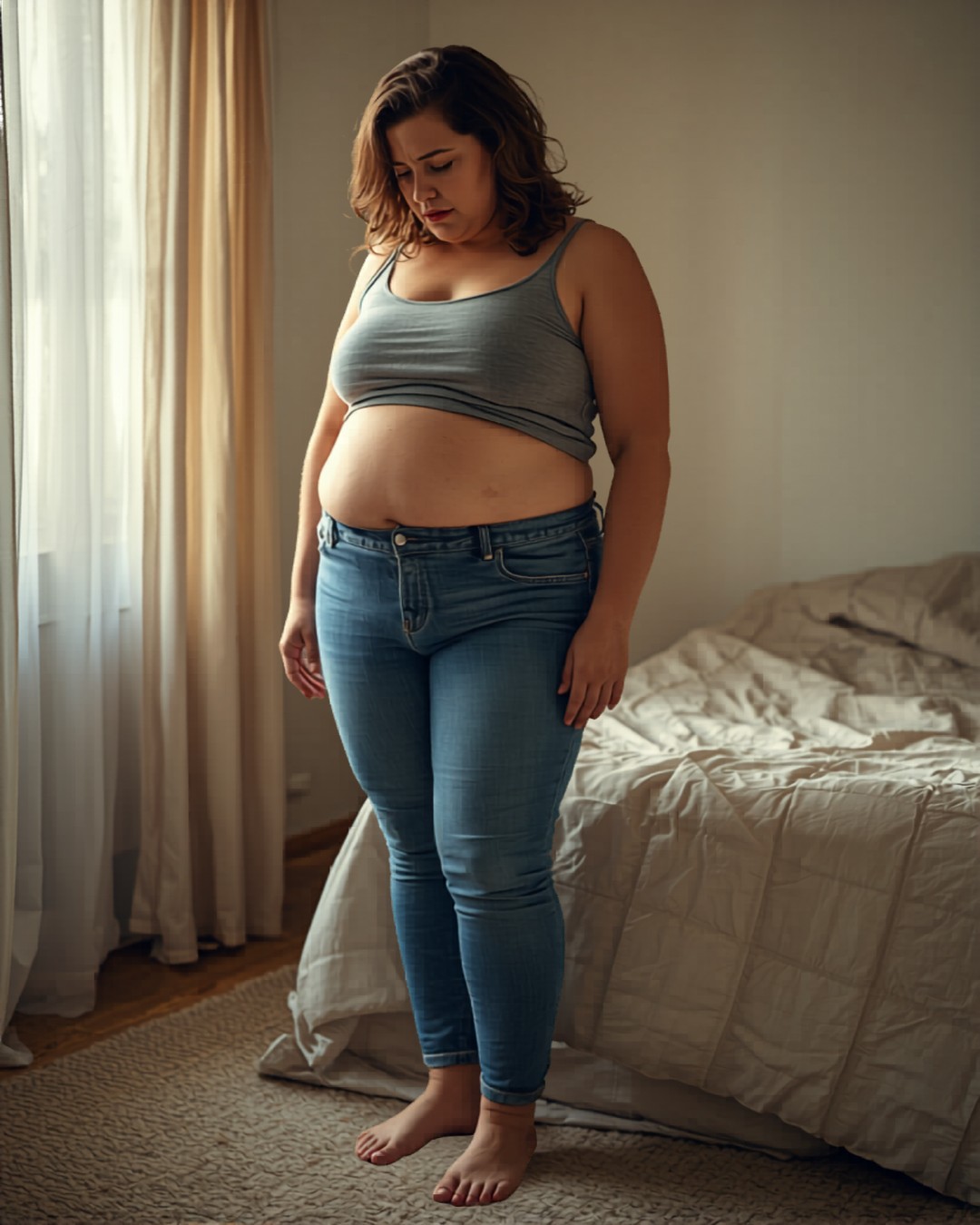 A woman in her late 30s holding jeans that don't fit comfortably, natural morning light